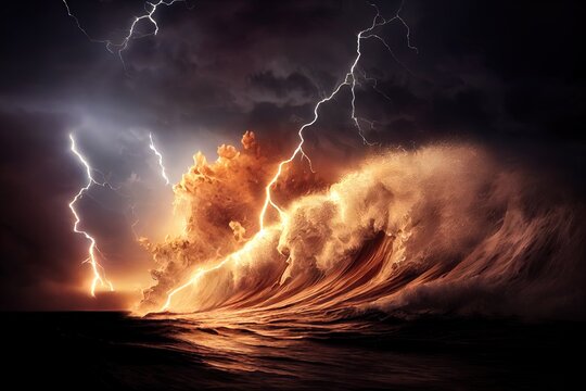 Bright lightning in a raging sea. A strong storm in the ocean. Big waves. Night thunderstorm. Dark tones. The power of raging nature. Raster illustration.