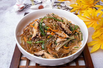 Delicious Korean food stir-fried vegetables (japchae)