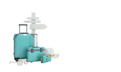 travel insurance form, travel and protection concept umbrella surrounded by luggage, camera, sunglasses, hat with scooter and car plane passport on yellow backgound 3d render illustration