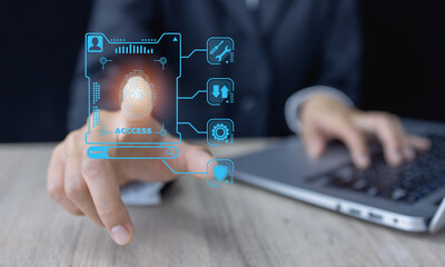 Fingerprint scan provides security access with biometrics identification. Business Technology Safety Internet Concept. processing of biometric for access personal data.