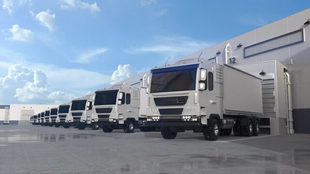 3d rendering group of logistic trailer trucks or lorries at warehouse hd footage