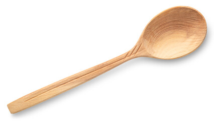 Wooden spoon. Decorative handcrafted wooden spoon for kitchen, eating food, cooking. Empty juniper wood spoon. Woodworking. Close-up macro high quality and resolution photo. Isolated white background.