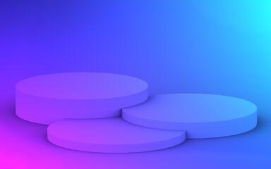 3d purple blue neon light cylinder podium minimal studio gradient dark colors background. Abstract 3d geometric shape object illustration render. Display for nightclub party and technology product.