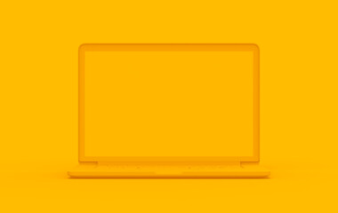 Laptop yellow color on yellow backgrounds. Minimal object computer mockup business online concept. 3D rendering.