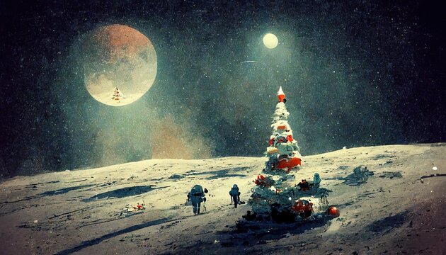 3D rendering of a land full of white snow with the green Christmas tree on Christmas day