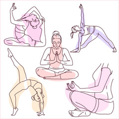 Set of girls doing yoga. Silhouettes of a young woman in the lotus position. Abstract female body parts, isolated feminine girl. Colored outlines, sensual woman wearing underwear, bra. Vector in flat