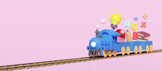 3d blue locomotive with wooden wagons with school supplies, copy space isolated on pink background. back to school, knowledge creates idea concept, 3d render illustration, clipping path