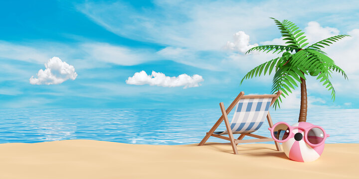 3d beach chair with palm tree,  seaside, ball, sunglasses, cloud isolated on blue sky background. summer travel concept, 3d render illustration