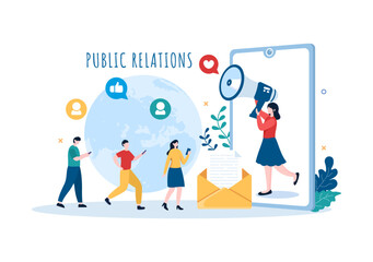 Public Relations Template Hand Drawn Cartoon Flat Illustration with Team for Idea of Marketing Campaign Through Mass Media to Advertise your Business
