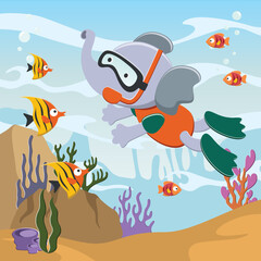 Fototapeta na wymiar Vector illustration of Little elephant diving in undersea adventure on a background of beautiful blue water