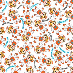 Childish seamless pattern with cute tiger astronaut on space. Can be used for t-shirt print, Creative vector childish background for fabric textile, nursery wallpaper and other decoration.