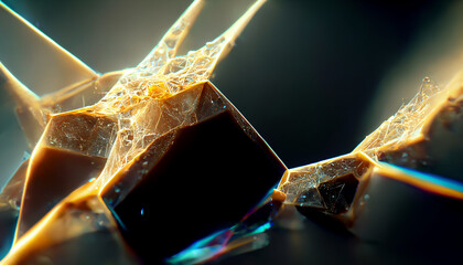 Global glowing crystal network, dark tech future background 3d illustration