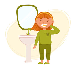Cute red-haired girl brushing teeth vector illustration. Child stands at the sink with a mirror and performs morning bath procedures. Daily routine. Schedule. Illustration on abstract background