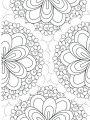 Doodle floral pattern in black and white. A page for coloring book: fascinating and relaxing job for children and adults. Zentangle drawing. Flower carpet in a magic garden