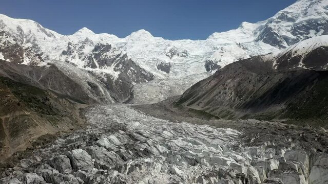 Drone shot of Nanga Parbat with glacier, Fairy Meadows Pakistan, cinematic wide revealing aerial shot