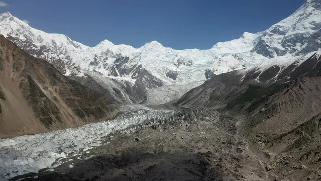 Drone shot of Nanga Parbat with a glacier, Fairy Meadows Pakistan, cinematic wide aerial shot