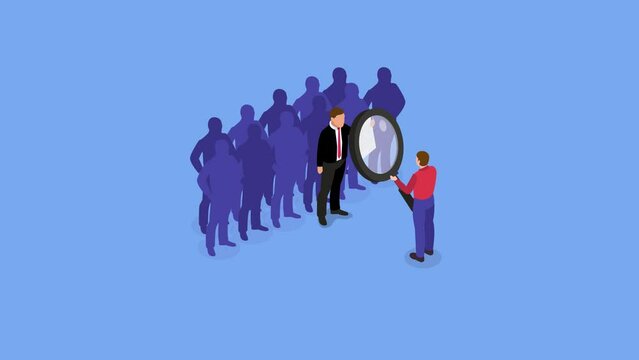Male manager use magnifier to choose an employee