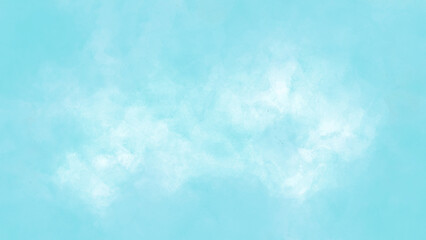 Grunge light sky blue shades and cloud watercolor background.
 Aquarelle paint paper textured canvas for Turquoise color handmade illustration, vintage text design, retro greeting card, template.	
