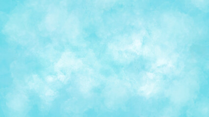 Grunge light sky blue shades and cloud watercolor background.
 Aquarelle paint paper textured canvas for Turquoise color handmade illustration, vintage text design, retro greeting card, template.	
