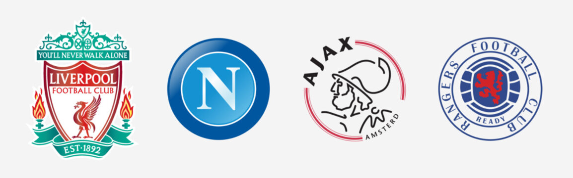 UEFA Champions League 2022 -23 Group - A Clubs logo. FC Ajax, SSC Napoli, Liverpool fc, Rangers Football Club logo. Editorial vector illustration.