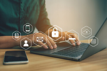 Naklejka premium Businessmen protecting personal data on laptop and virtual interfaces, user typing login and password, cyber security concept.