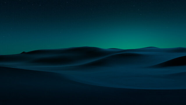 Night Landscape, with Desert Sand Dunes. Surreal Modern Background with Green Gradient Starry Sky