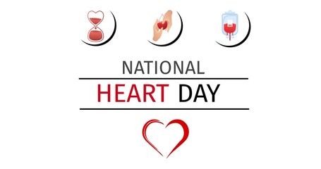 Vector image of national heart day text with various icons and heart shape over white background