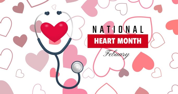 National heart month february text with stethoscope and heart shape over full frame background