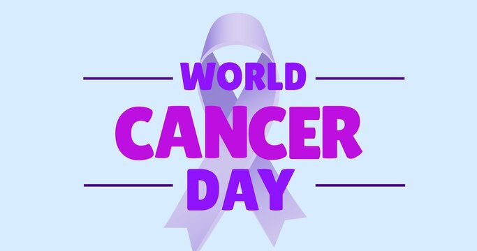 Digitally generated image of world cancer day text over awareness ribbon against blue background
