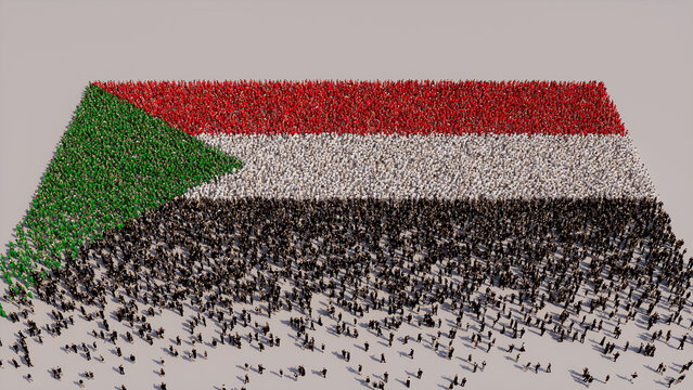 Aerial view of a Crowd of People, coming together to form the Flag of Sudan. Sudanese Banner on White Background.