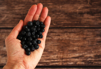 fresh blueberries in your hands on a wooden background