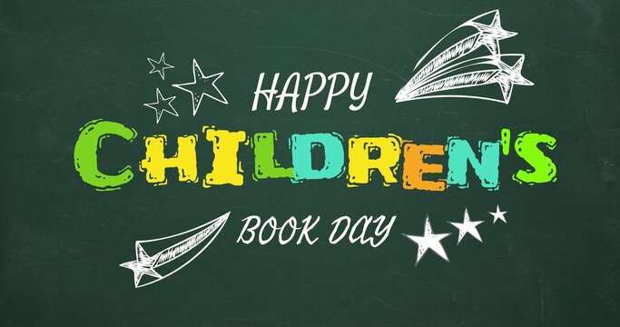 Digitally generated image of happy children's book day text with star shapes on flyer