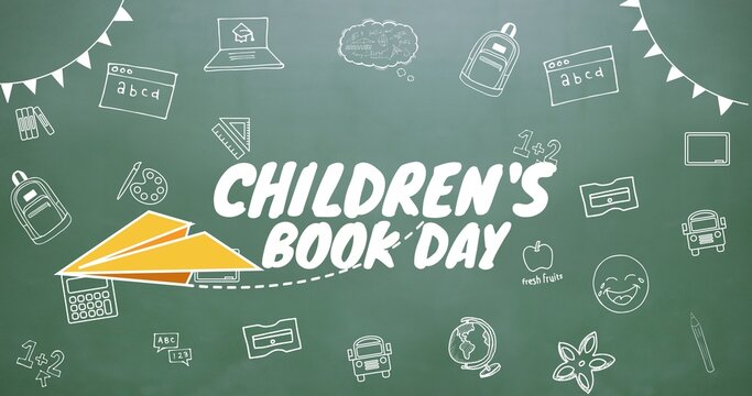 Vector image of children's book day text with paper airplane and various icons over green background
