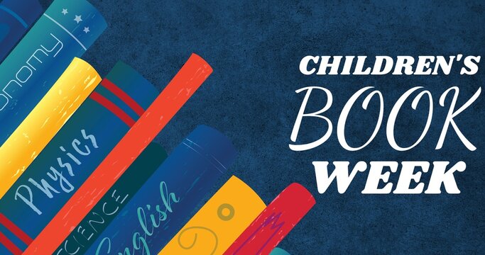 Vector image of various colorful books with children's book week text over blue background