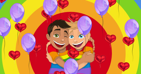 Obraz na płótnie Canvas Image of ballons over hearts and boys embracing on rainbow background