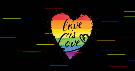 Image of rainbow heart with love is love text over rainbow stripes on black background