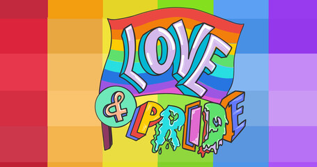 Image of love and pride text with flag over rainbow stripes