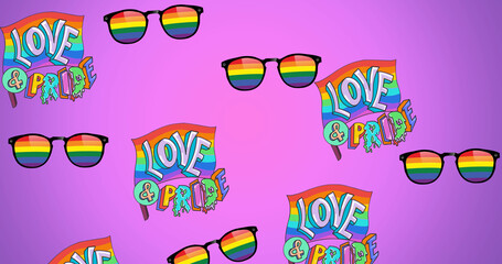 Image of love and pride text and rainbow sunglasses on purple background