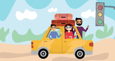 Fototapeta premium Composition of happy parents and child travelling on holiday together in car, with rural background