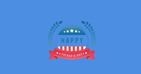 Image of happy fathers day text over blue background