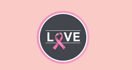 Image of pink ribbon logo and love text appearing on pink background