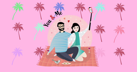 Obraz na płótnie Canvas Image of happy couple embracing on pink background