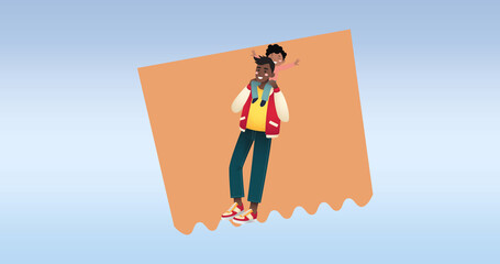 Image of happy family embracing on blue background