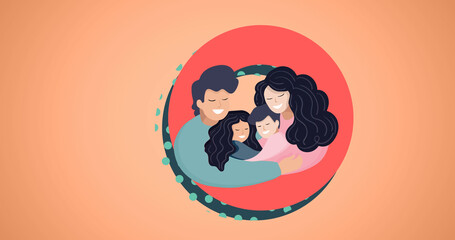 Image of happy family embracing on red background