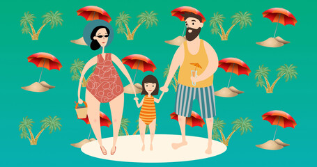 Naklejka premium Image of happy family at beach on green background
