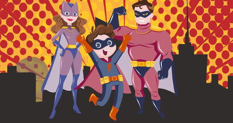 Image of superhero family embracing on yellow background