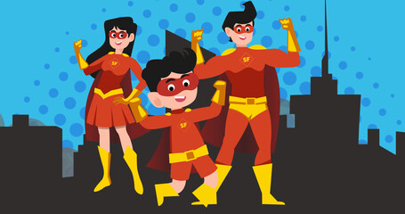 Image of superhero family together on blue background © vectorfusionart
