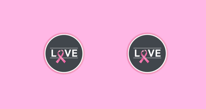 Image of multiple pink ribbon logo and love text appearing on pink background