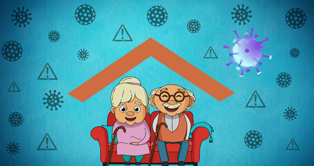 Composition of grandparents embracing on blue background