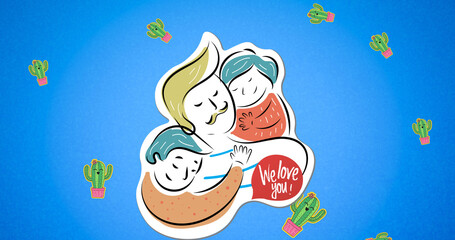 Composition of family embracing on blue background